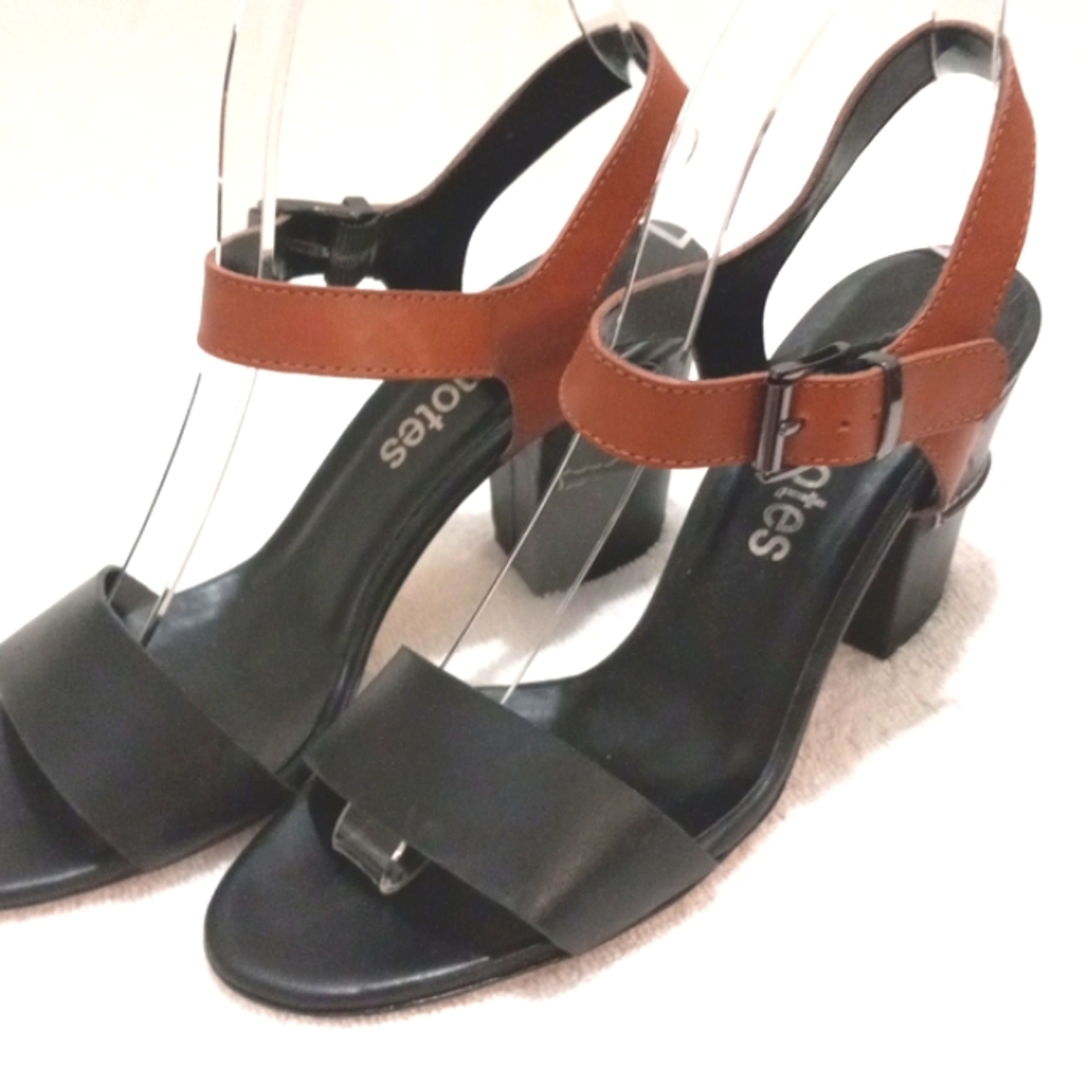 Footnotes Sz 7. Chunky 3" heel Black/Brown OpenStyle, Ankle Strap NWOT